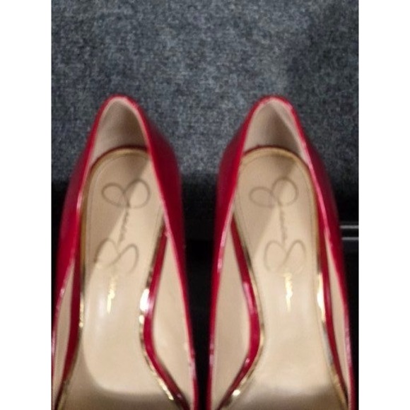 Jessica Simpson Red Patent Leather Cork Platform Wedge Peep Toe Heels 8.5M Sexy - Picture 7 of 8